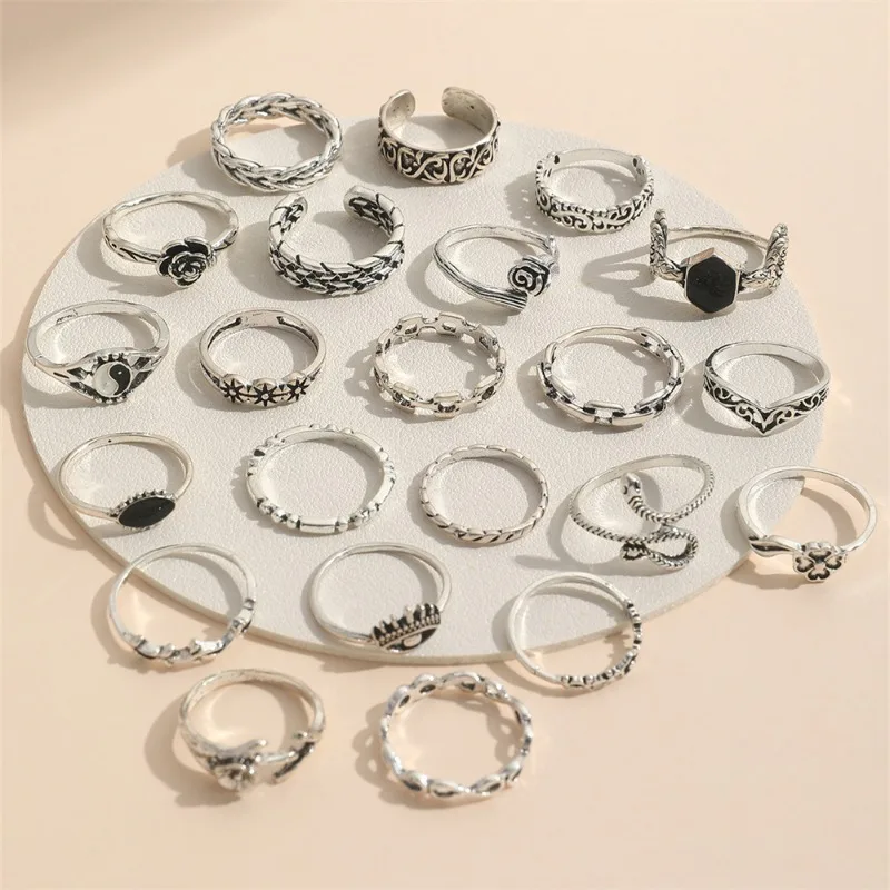 Snake Ring Set Butterfly Heart Design 22 Pieces 2024 Silver Embossed Snake Ring Taiji Yin-Yang Eight Trigrams Ring Multi-element