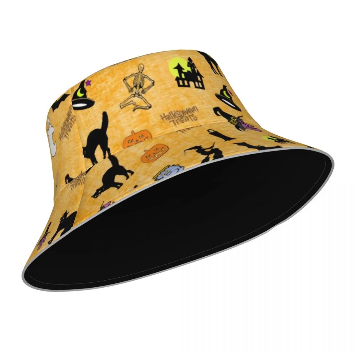 Black Cat Print Bucket Hat Happy Halloween Printed Outdoor Fisherman Hats Double-sided Wear Fashion Reflective Sun Hat