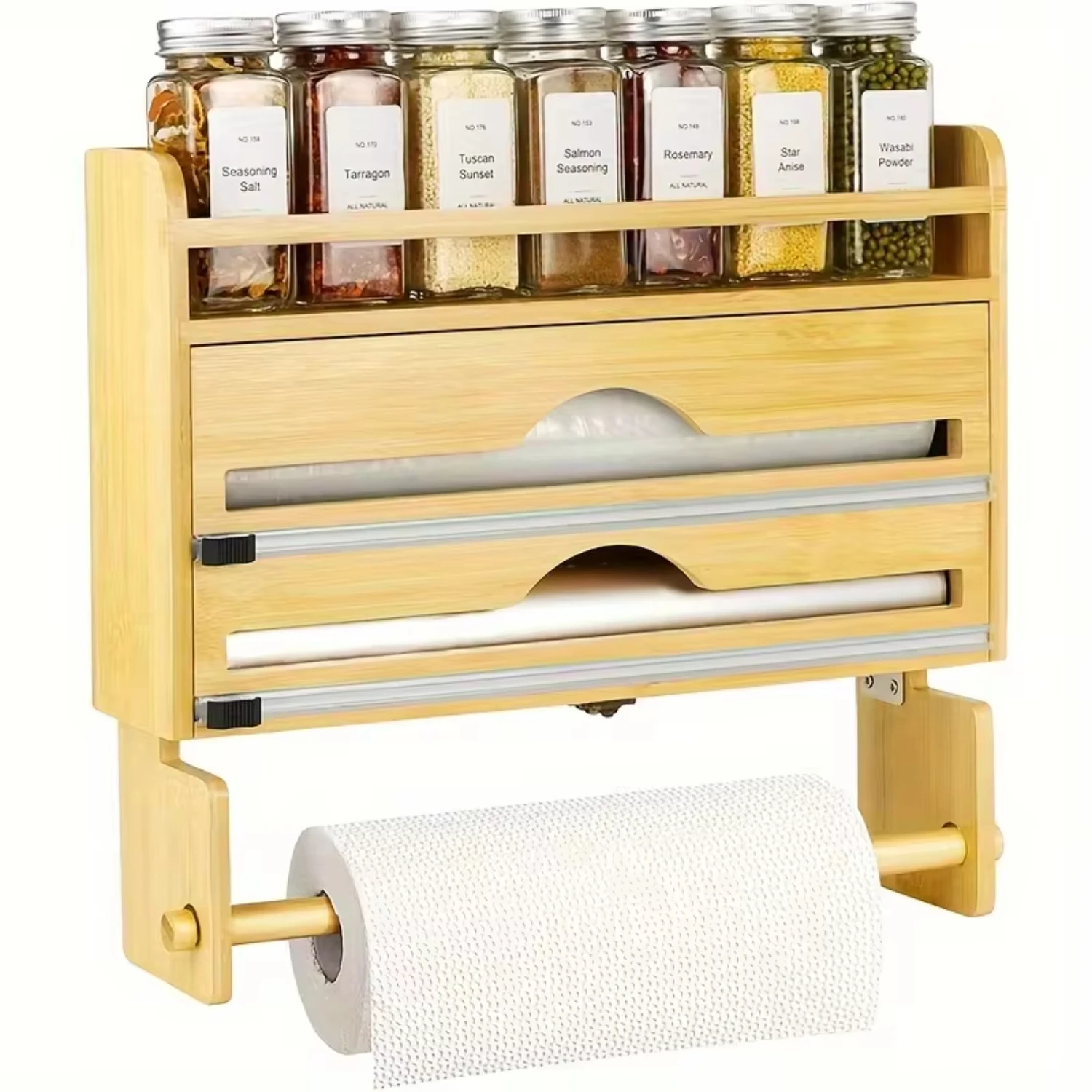 Foil and Plastic Wrap Organizer, Bamboo Aluminum Foil Dispenser with Paper Towel Holder, Compatible with Foil, Wax Paper, Kitche