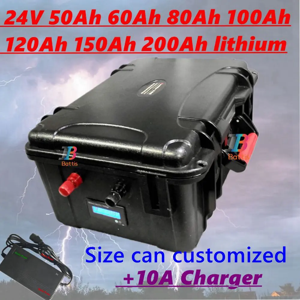 Waterproof Lifepo4 24V 50Ah 60Ah 80Ah 100Ah 120Ah 150Ah 200Ah lithium battery with BMS for trolling motor inverter +10A Charger