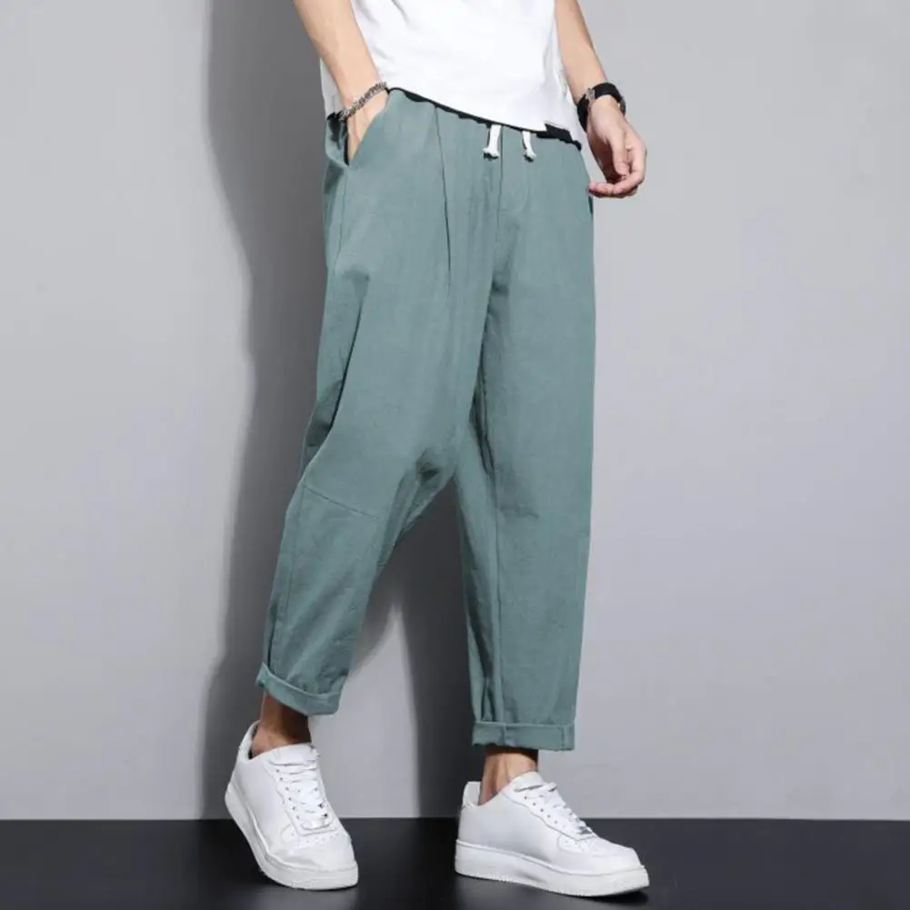 

Mid Waist Men Trousers Japanese Style Wide Leg Men's Ninth Pants with Drawstring Elastic Waist Side Pockets Retro Gym Traning