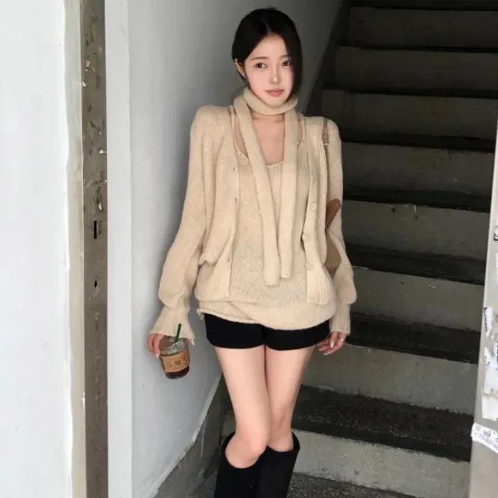 Knitted Cardigan And Halter Dress Two-Piece Set with Sashes Casual Style Long Sleeve Regular Length for Women in Their Late T...