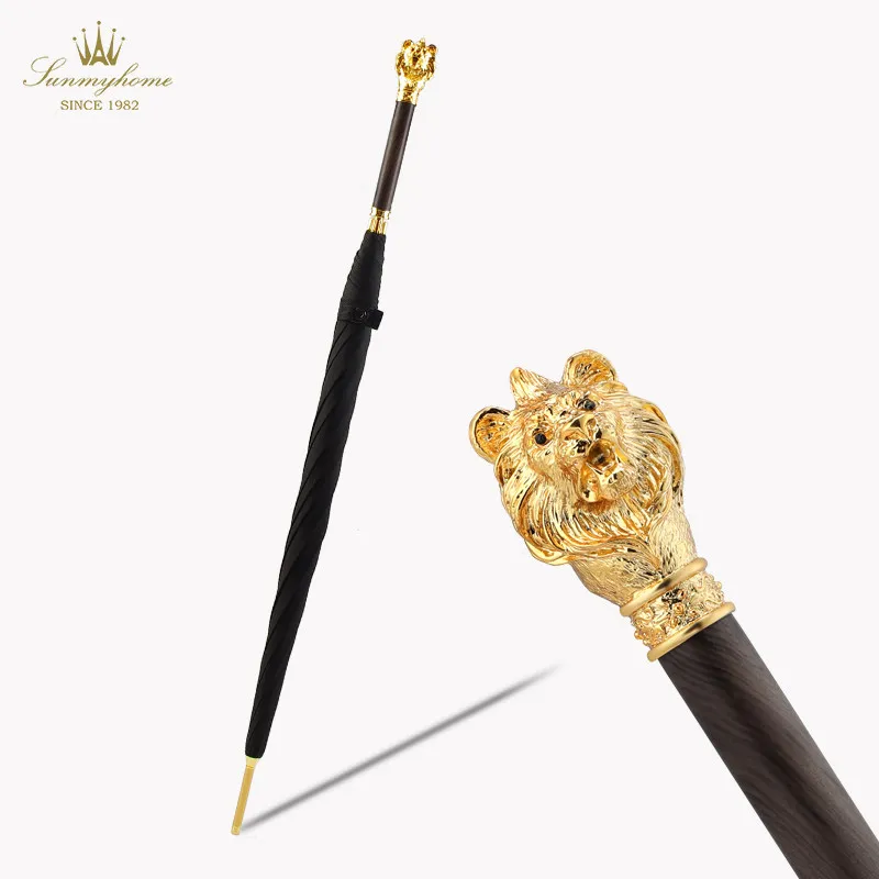 Golden Lion Head Umbrella Creative Straight Handle Umbrellas Men Women Business Parasol Retro Luxury Umbrella with Gift Box