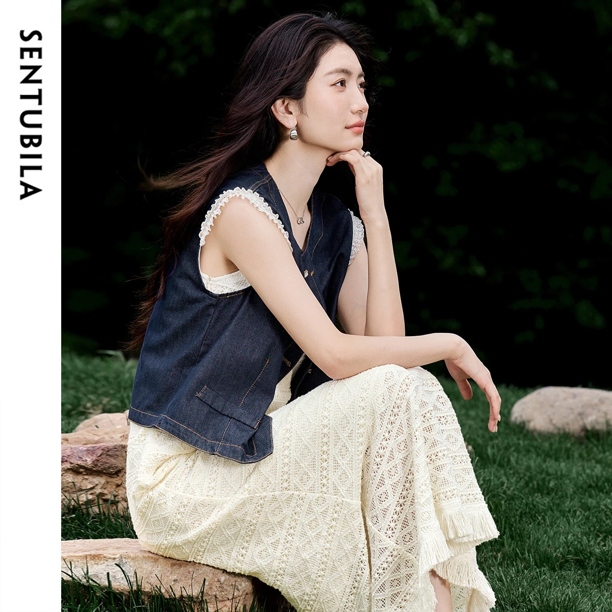 SENTUBILA Denim Jackets Sleeveless Vest Spliced Lace Coats Single Breasted Women's Clothing W52JC1839