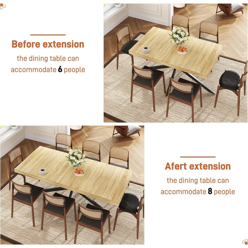 طاولة طعام خشبية مستطيلة قابلة للتمديد تتسع من 6 إلى 8 أشخاص مع أوراق قابلة للإزالة لتصميم موفر للمساحة
