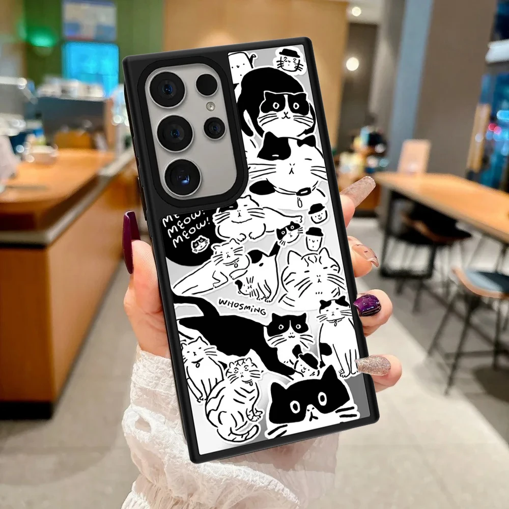 

Line Cartoon Cat Sticker Pattern Mirror Surface Magnetic Phone Cover for Samsung Galaxy S23 S24 S25 S26 Ultra S26+ Plus Case