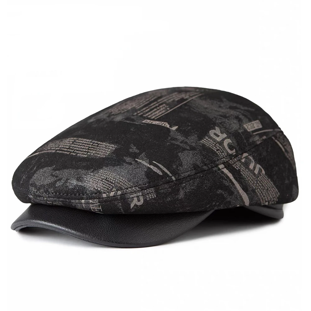 Men's Layer Sheepskin Leather Print Hat Winter Berets Male Warm Ear Protection Cap 100% Genuine Leather Dad Hat  Leisure