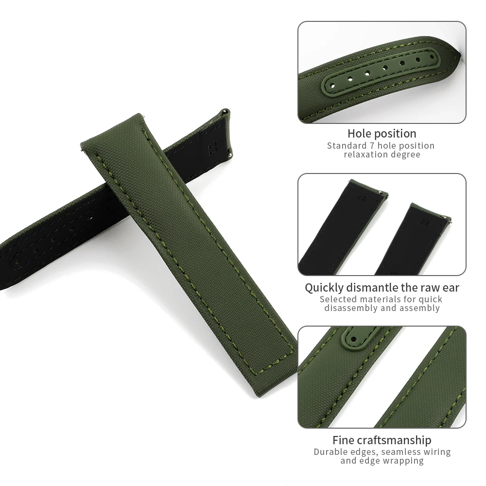 20mm 22mm Sailcloth Watch Band Quick Release Waterproof Cowhide Strap for Omega for Seiko Folding Buckle Beige Gray Green Black