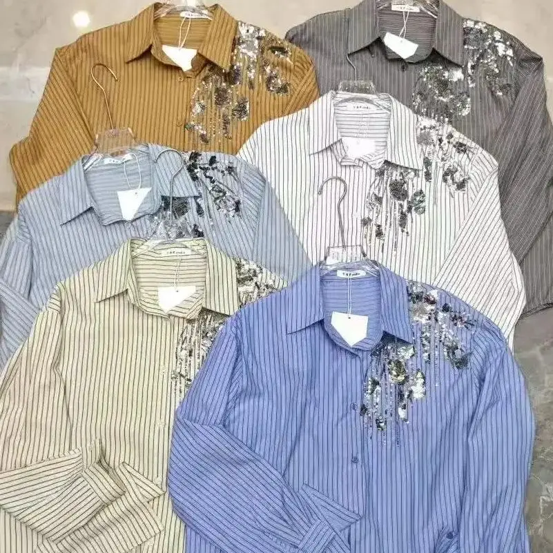 2025年秋新作 スパンコール刺繍シャツ 長袖ストライプブラウス レディース トレンド ルーズカジュアルトップス 女性服