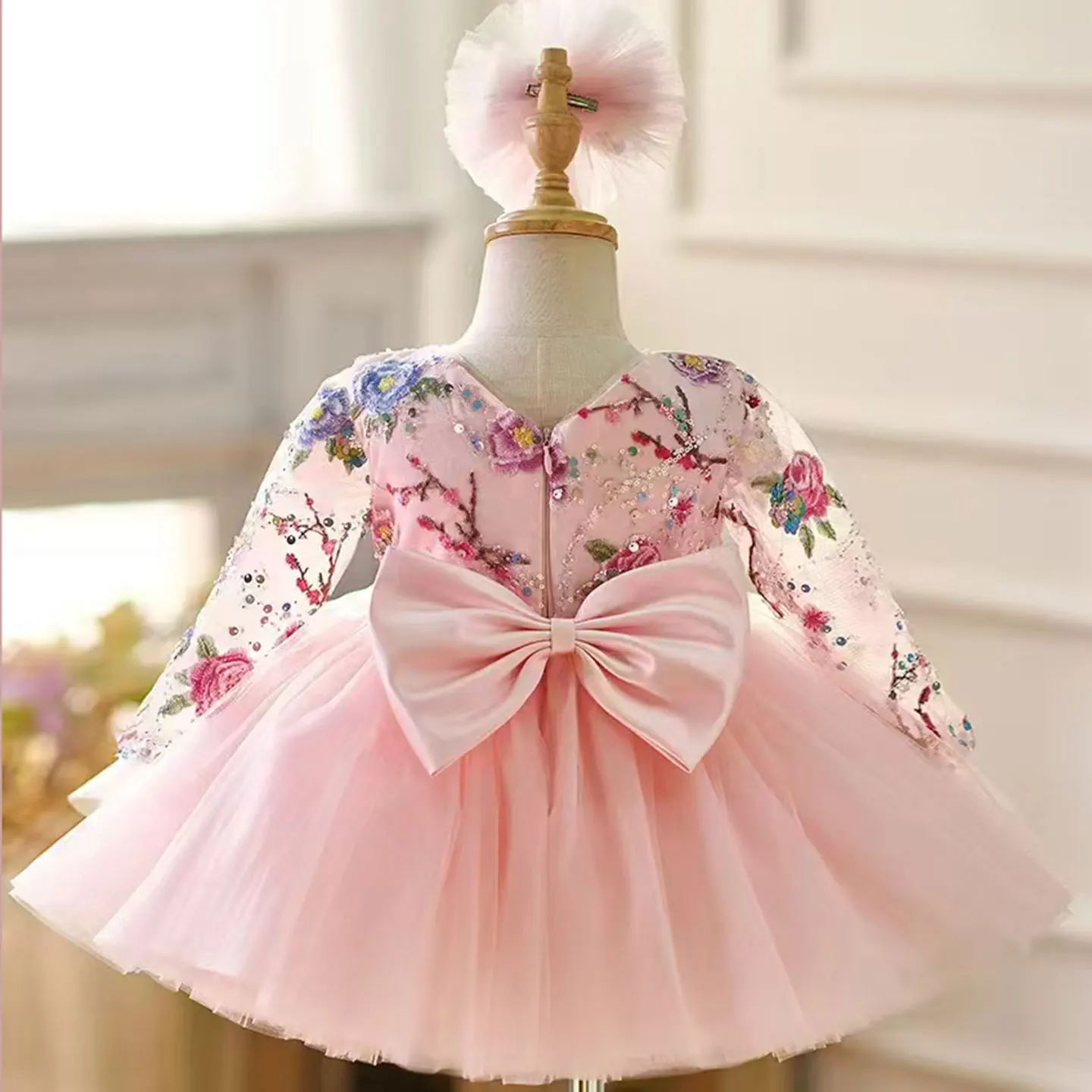 Dreamy Vow Lovely Pink Girl Dress Long Sleeve Embroidered Tulle Kids Celebration Party Spring Summer Knee Length Ball Gown J054