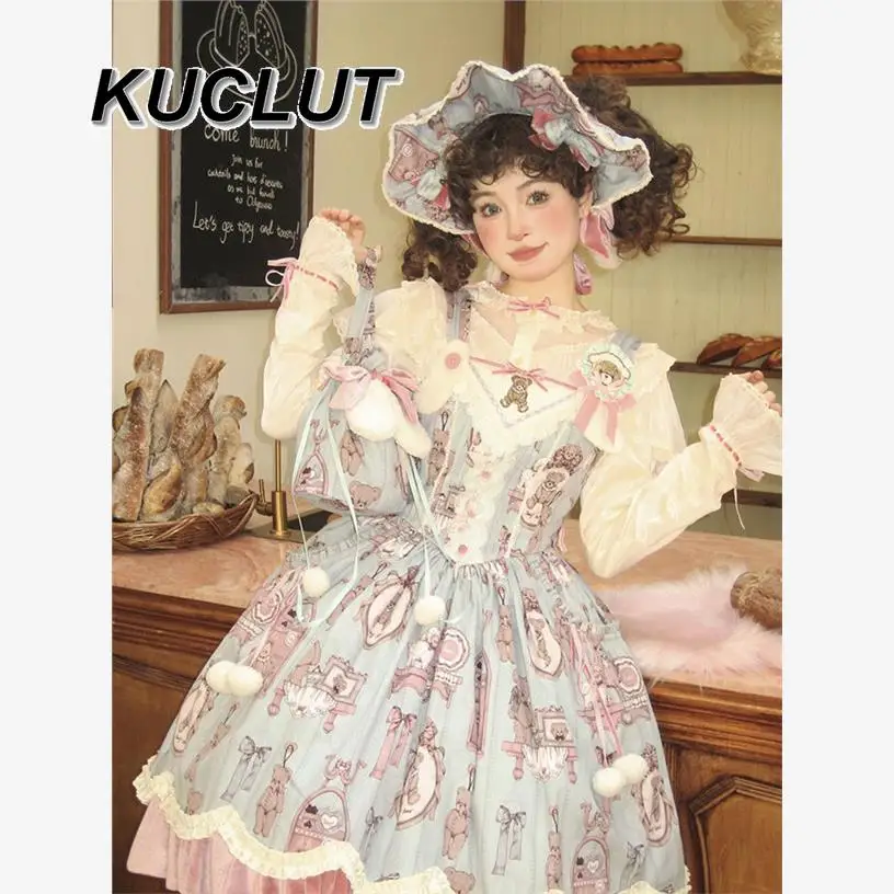 Long-sleeved Inner Lolita Style Doll Wall Stand-up Collar V-shaped Ruffle Edge Casual Elegant Blouses Femme Women's Tops