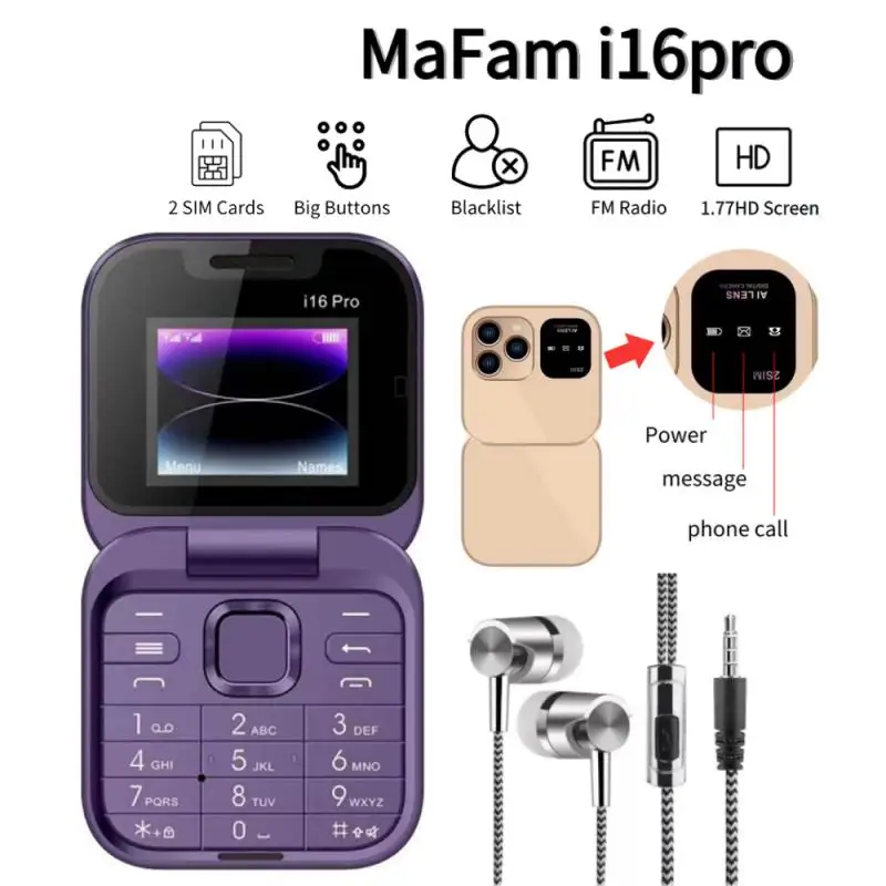 

Мини-флип I16 Pro, флип-радио, FM-радио, волшебный голос, черный список, скоростной циферблат, вибрация, 2sim-карты, маленький дисплей, складной телефон