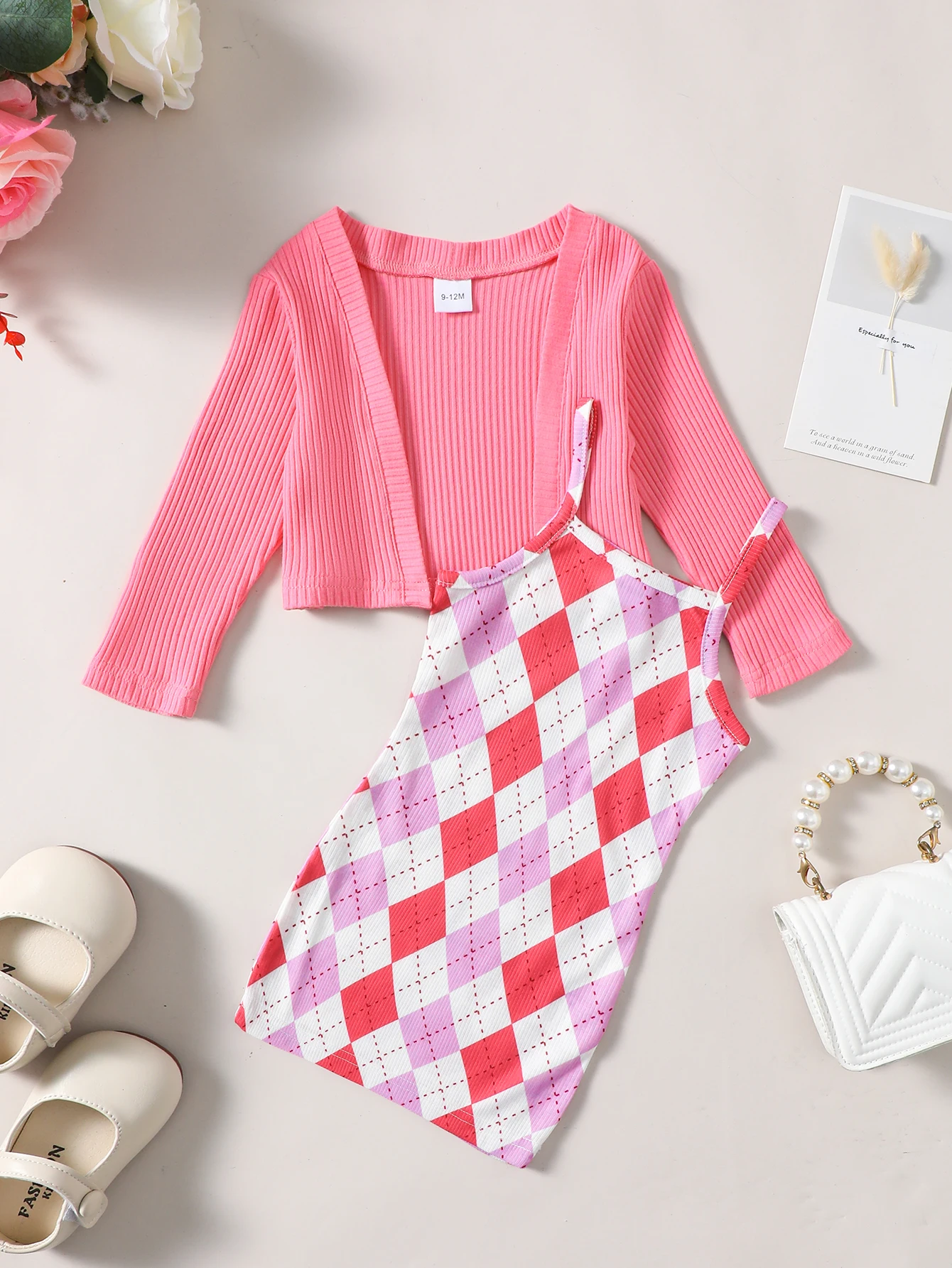 2PCS Kids Girl Clothes Set Pink Long Sleeve Knitted Coat+Lattice Sling Dress Sweet Birthday Party Suit for Child Girl 1-4 Years