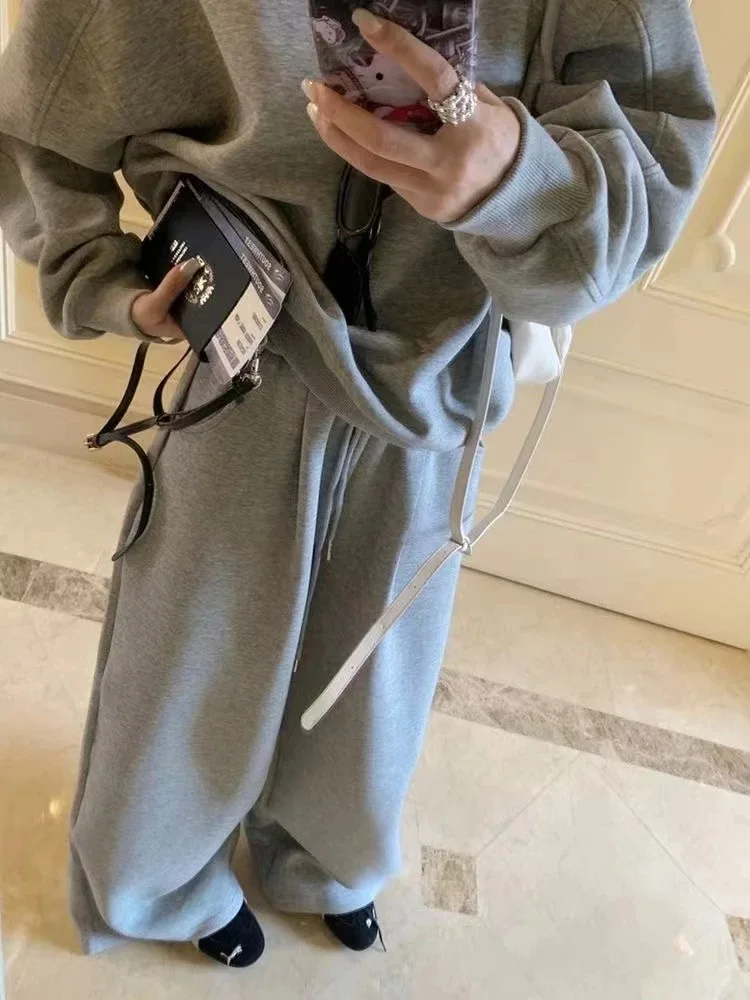 Ensemble 2 pièces à lacets taille haute et pantalon large pour femmes, survêtement doublé, manteaux à col rond, mode coréenne Veleen, Y-Conjunto