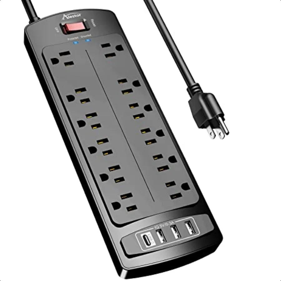 

Power Strip ALESTOR Surge Protector with 12 Outlets and 4 USB Ports 6 Feet Extension Cord 1875W 15A 2700 Joules ETL Listed Blac