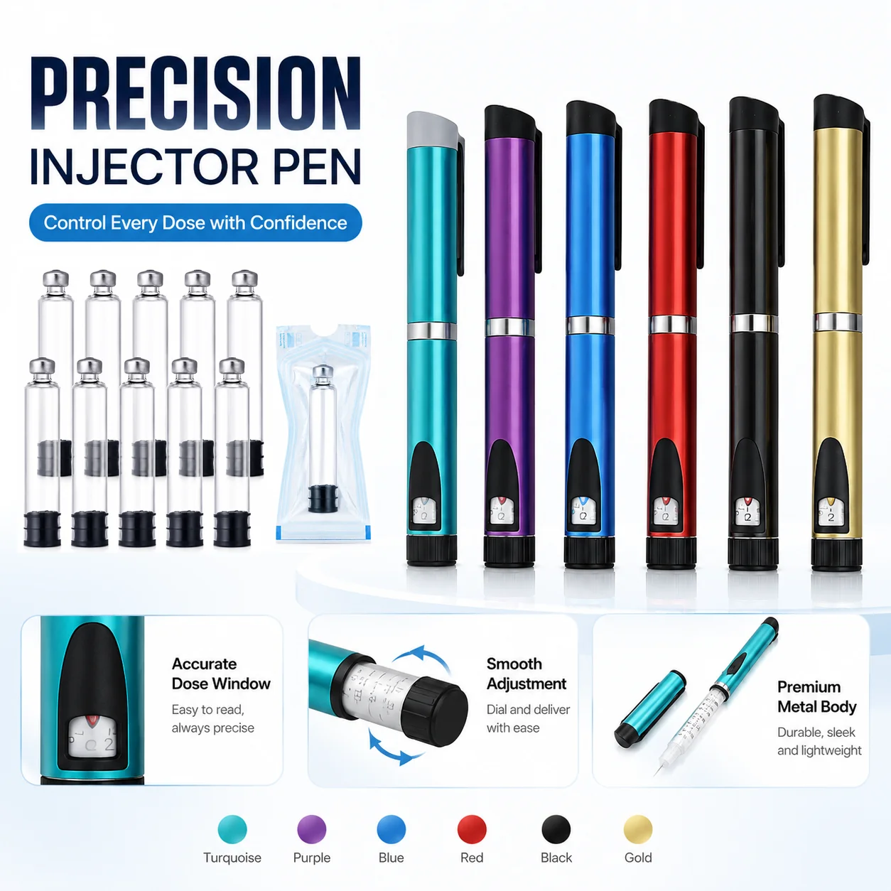 Reusable V3 Metal Injection Pen Adjustable Dose 3ml Cartridge ...