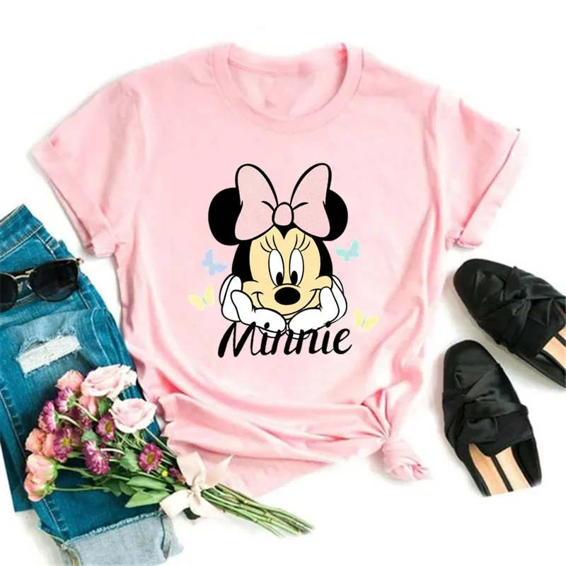 2024 Disney Fashion Cute Daisy Duck Cartoon Print Casual Pink Women T-Shirt O-Neck Tops Short Sleeve Loose Tee Shirt Hot Sale