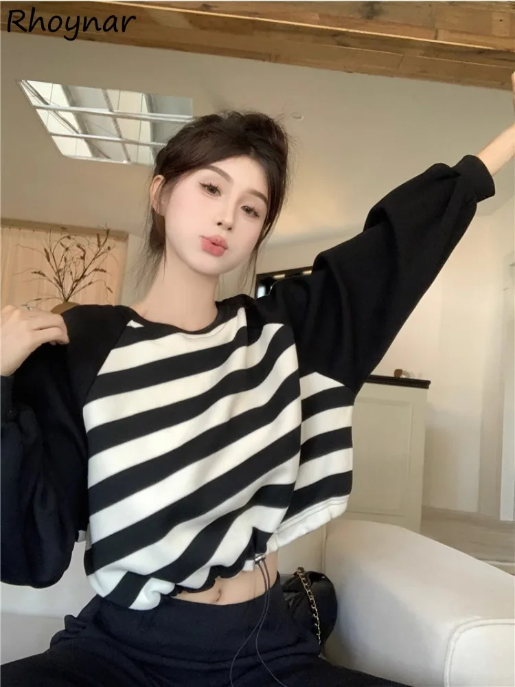 

Sweatshirts Women Crop Striped Soft Autumn Hotsweet High Street Chic Students Ulzzang Vintage Girls Simple Harajuku Designed New