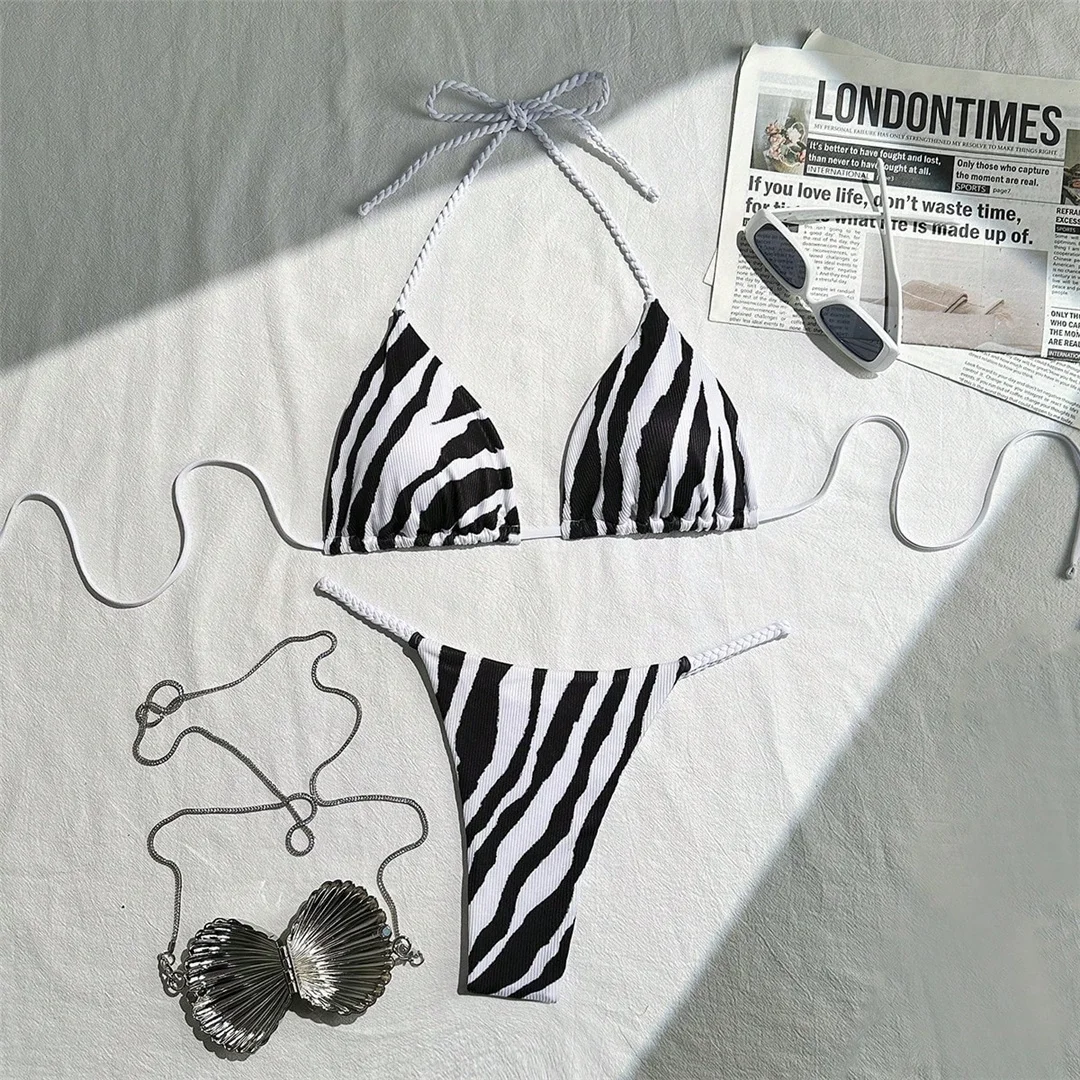 XS - L Zebra Halter Mini Thong Bikini Damen Bademode Zweiteiliger Bikini-Set mit Polsterung Badeanzug Schwimmanzug V6759 – Detail 4