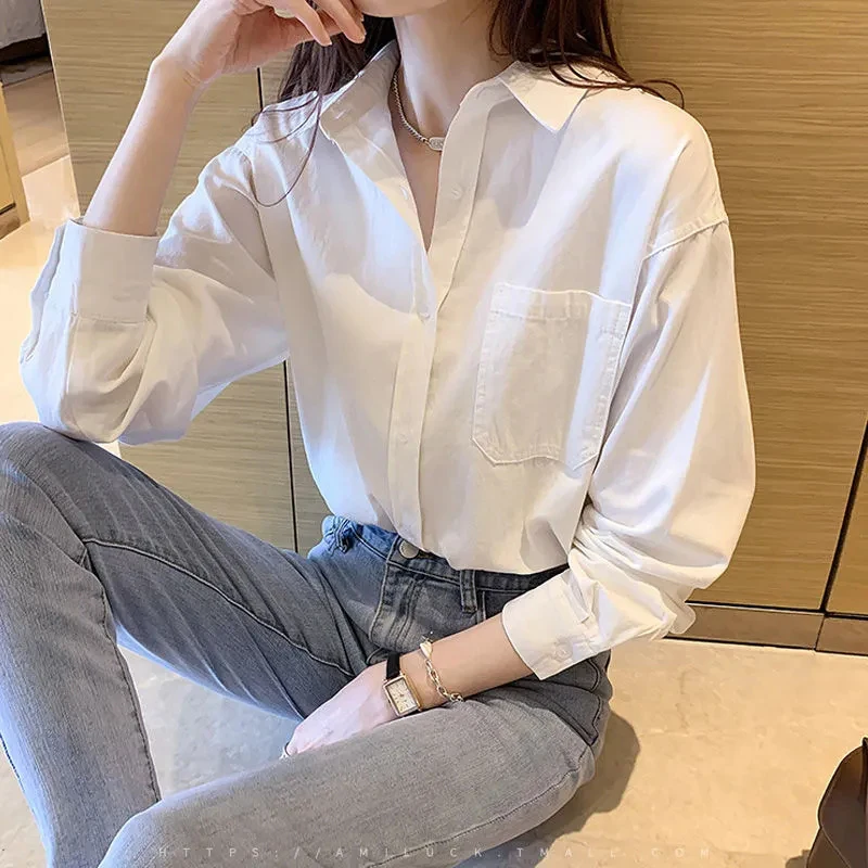 Camisas blancas Vintage para primavera y otoño, Tops por debajo de la rodilla sencillos a la moda para mujer, blusas de oficina de manga larga con cuello vuelto Harajuku para mujer