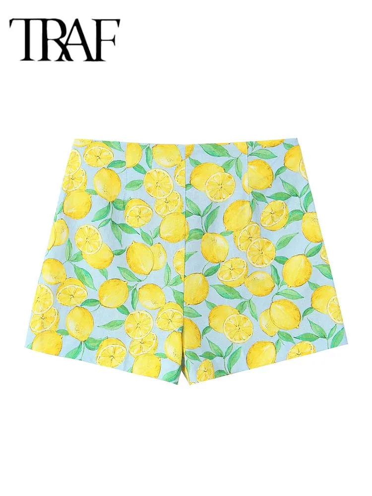 TRAF Women 2 Piece Set Summer Print Lace Up Shirt Casual Beach Short Top+High Waist Shorts Sets For Two Pieces Women Outfit