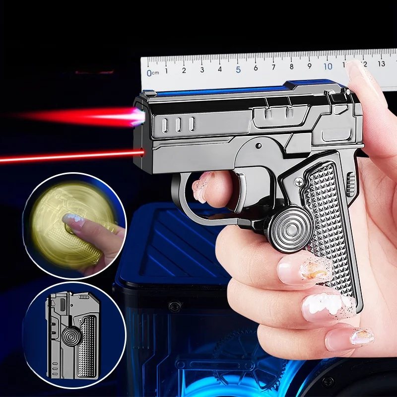 HOT Metal Folding Gun Type Gyroscope Windproof Direct Charge Red Flame Butane Gas Lighter Fun Laser Light Cigar Lighters Smoking