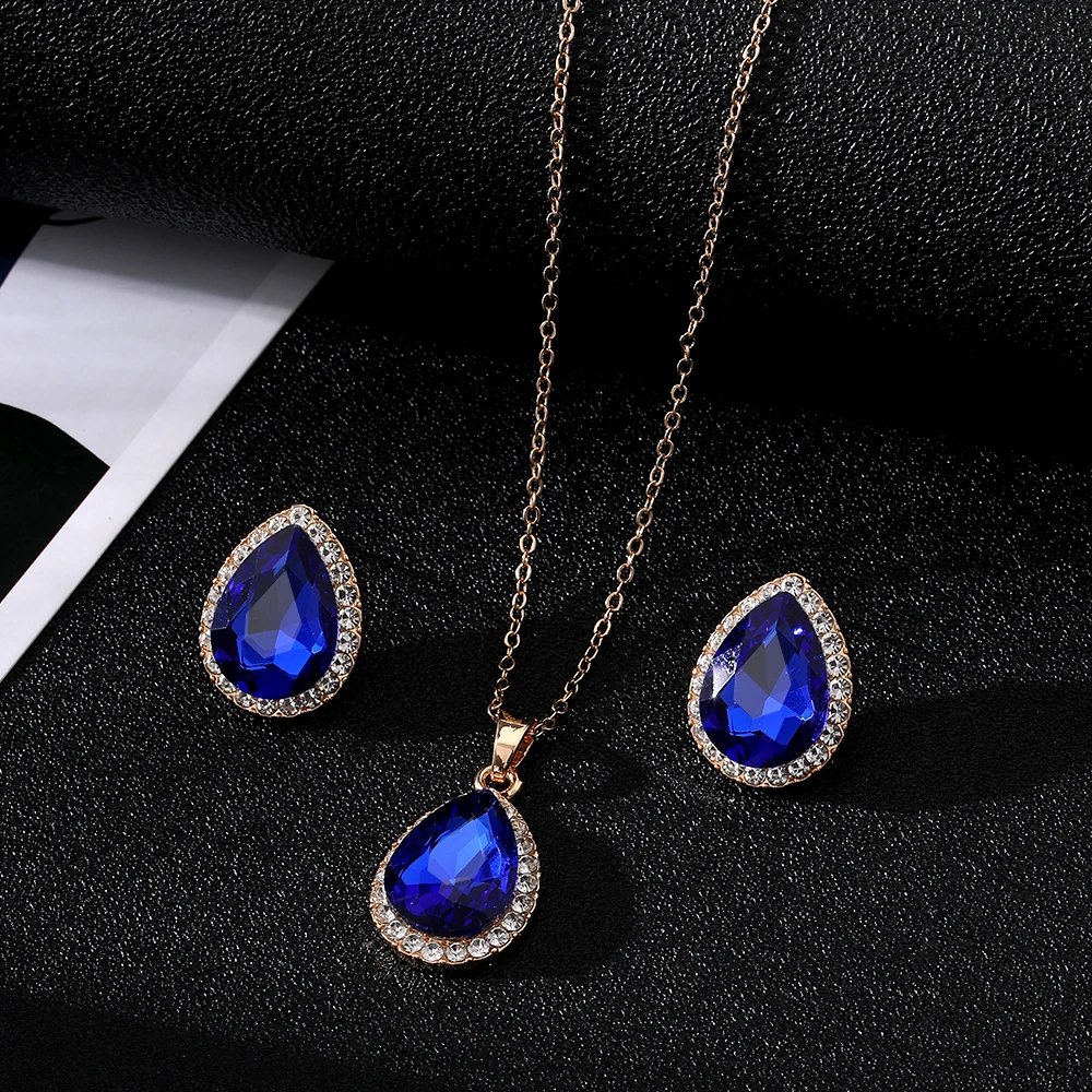 IFKM 5 Colors Necklace/Earrings/Rings Jewelry Sets Hoop Earrings Water Drop Earrings Red Jewelry Set Rhinestones For Women