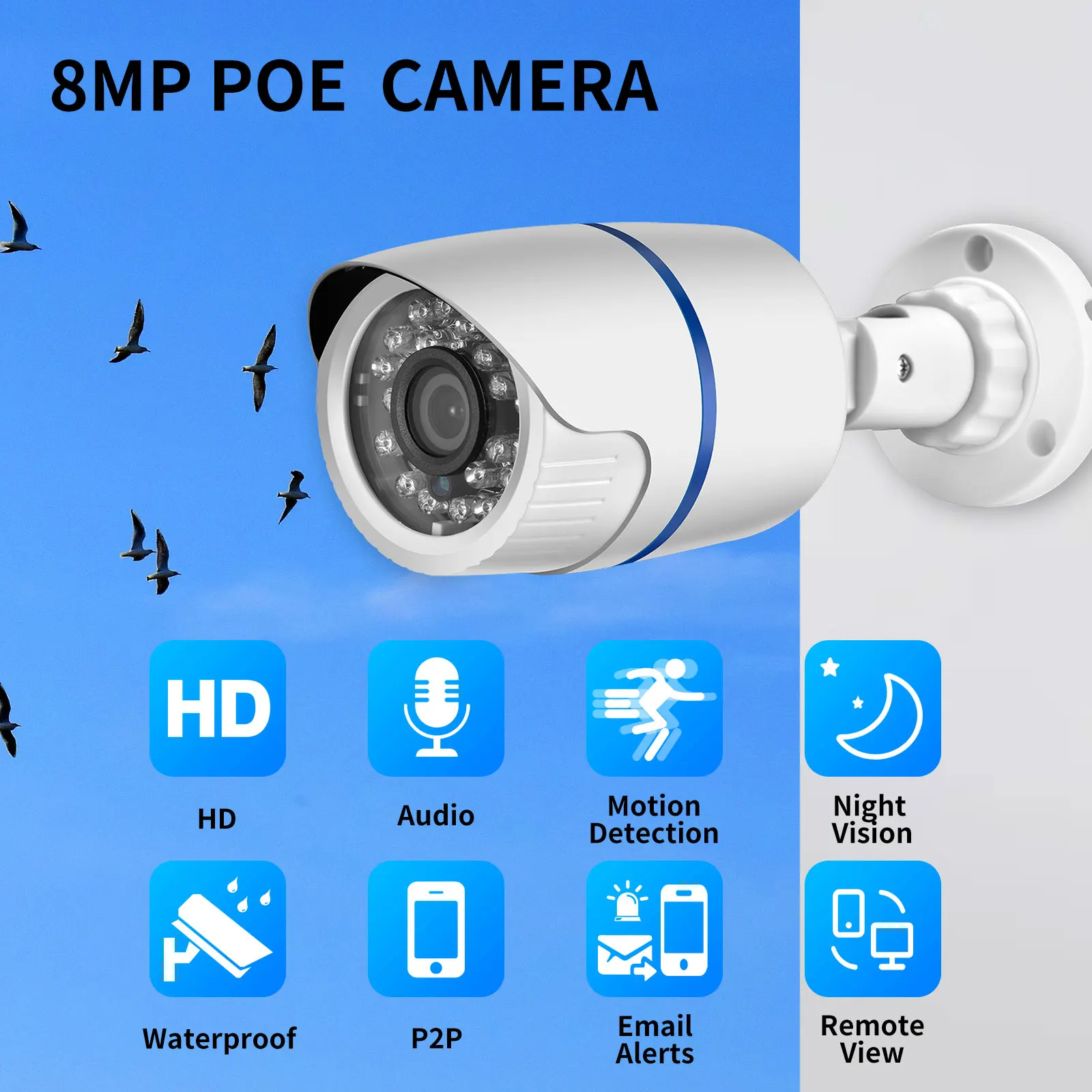 AZISHN 8MP 4K 5MP IP Security Surveillance Camera POE Bullet Shape Waterproof Surveillance Security Camera