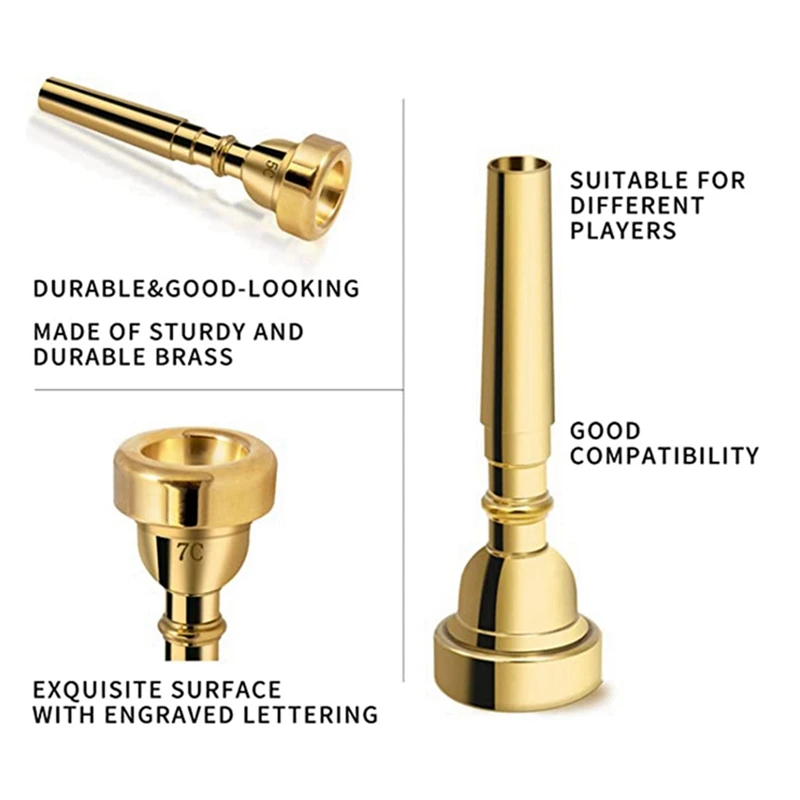 3 Pack Trumpet Mouthpiece Accessories Brass Trumpet Mouthpiece Set Trumpet Mouthpiece 3C 5C 7C Trumpet For Beginners (Gold)