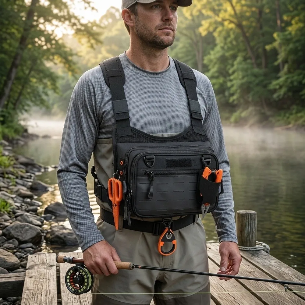 Fly Fishing Chest Pack Backpack Vest with Modular Webbing on Front and Sides for Pliers Scissors Telescopic Buckles