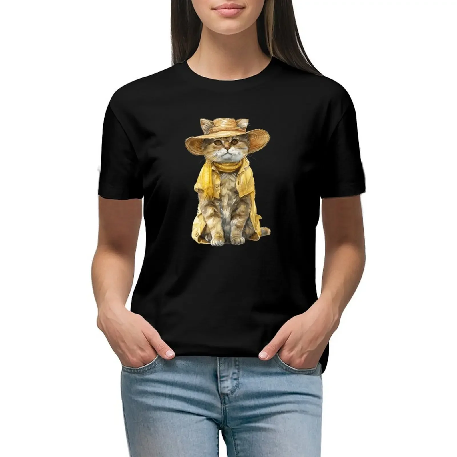 

Charming Kitten in Floral Summer Attire T-Shirt lady clothes korean fashion vintage clothes oversized workout shirts for Women