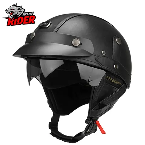 Black Motorcycle Half Helmet German Leather Vintage Helmet Casco Moto Motorcycle Open Face Helmet Biker DOT Certification