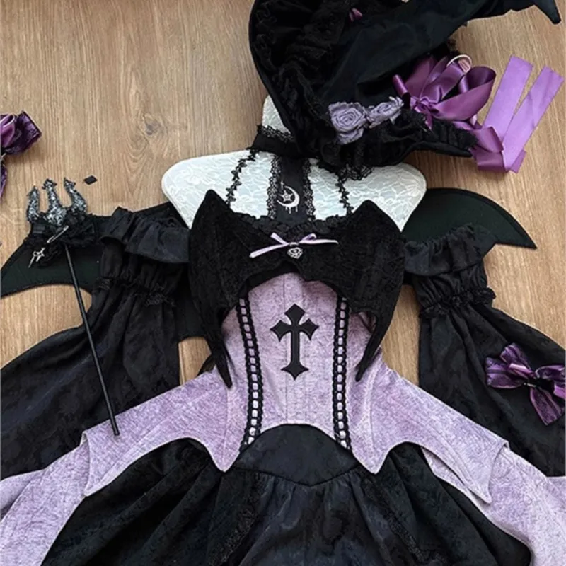 

Witch costume Halloween with pumpkin pants flared sleeves purple patchwork top set