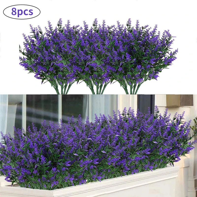 Artificial Lavender Flowers, Plastic Leaves, Home Greening, Indoor and Outdoor Garden, Courtyard, Wedding Decoration, 8 Bundles