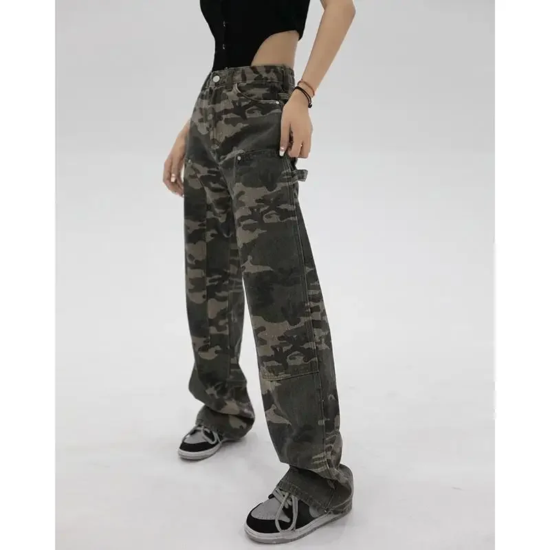 Camouflage Green Vintage Cargo Pants Y2k Women Straight Trousers Safari Style Preppy American Loose Wide Leg Pantalones