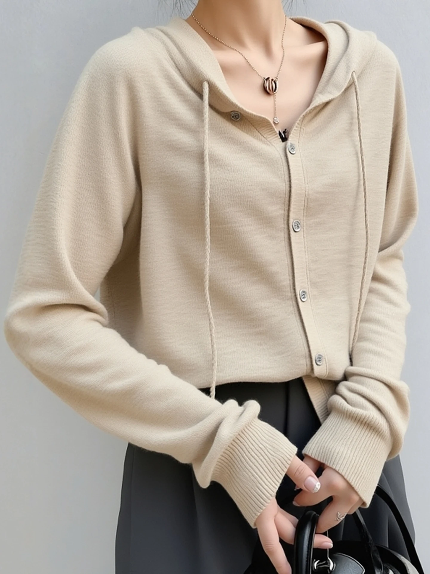 

Korean Sle Knitted Hooded Open Cardigan Color Versatile Single Button Long Sve Winter Faionable Unique Women's S...