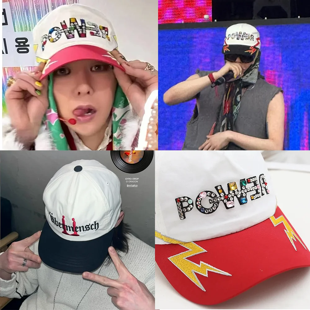 KPOP G-DRAGON Ubermensch Album Vintage Baseball Hat POWER Rhinestone Embroidered Peaked Cap Decoration GD Fans Collection Gifts