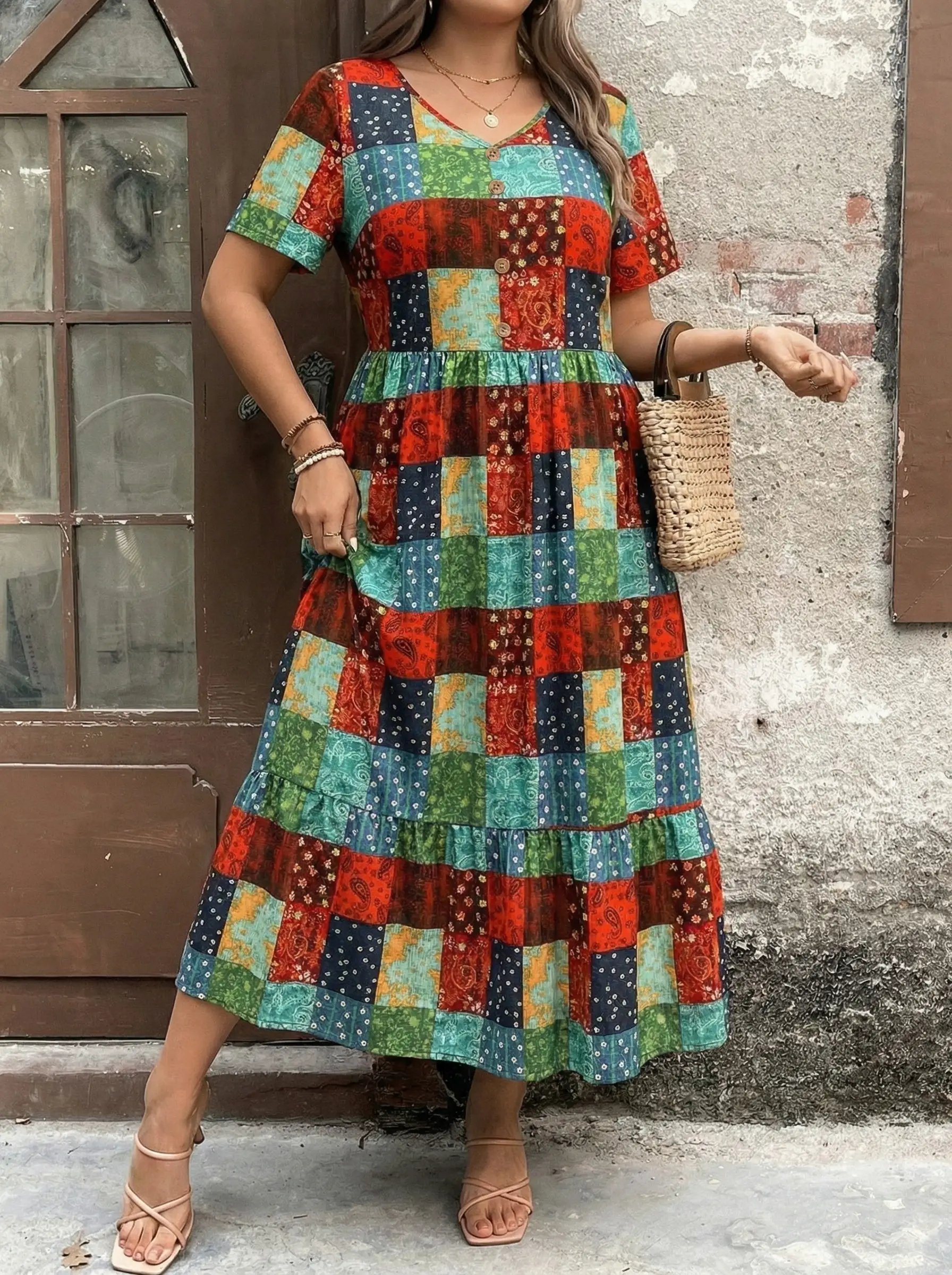 

Plus Size Women V Neck Short Sleeve Patchwork Midi Dress Button Front Tiered Casual Dress Boho Holiday Dress Summer Daily Outfit