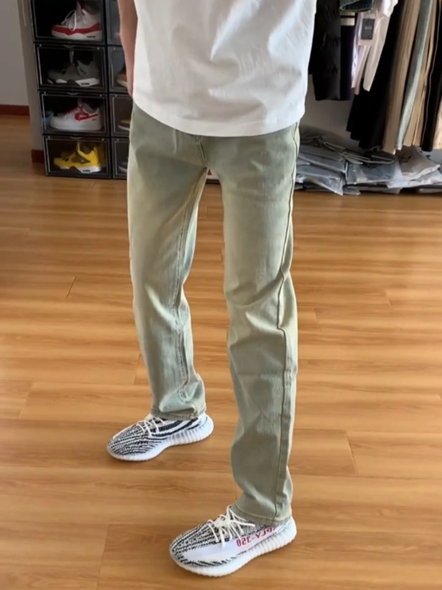 

Cleanfit Men's Jeans Spring Autumn High Street Washed Straight Leg Tapered Pants Yellow Mud Color Knife Youth Fashion