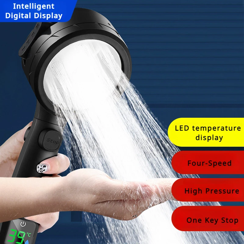 High Pressure Shower Head LED Temperature Display Shower Heads 4 Modes Water Saving Adjustable One-Key Stop Bathroom Sprayer