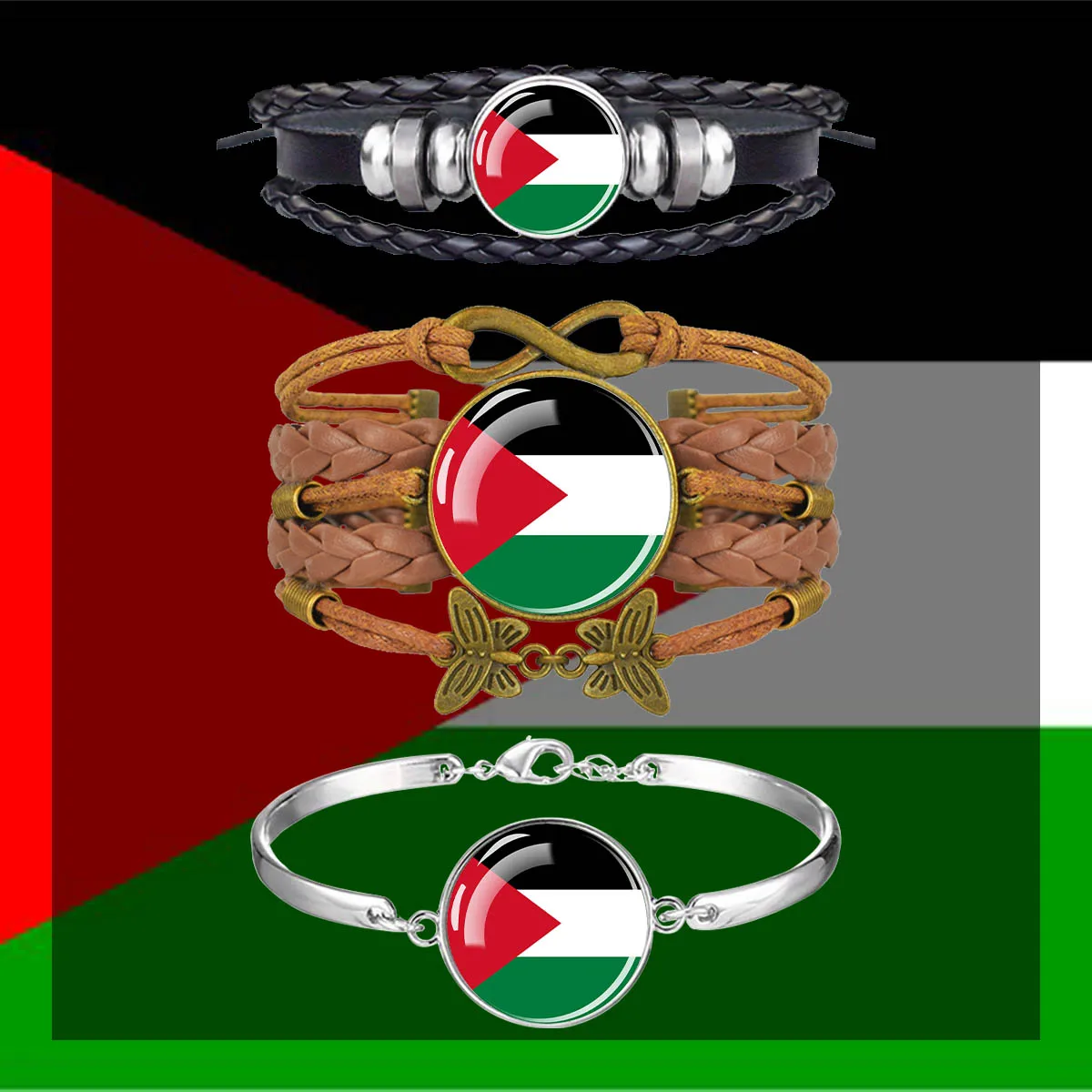 Palestine Flag Bracelet Glass Dome Flag Pattern Leather Metal Bracelet for Men and Women Fashion Jewelry Patriotic Souvenir Gift