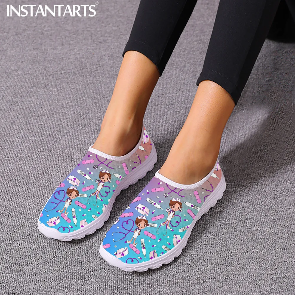 INSTANTARTS Gradient Sketch Nurse Women Shoes Summer Comfortable Flats Nursing Design Shoes Medical Print Slip-on Loafers Mujer