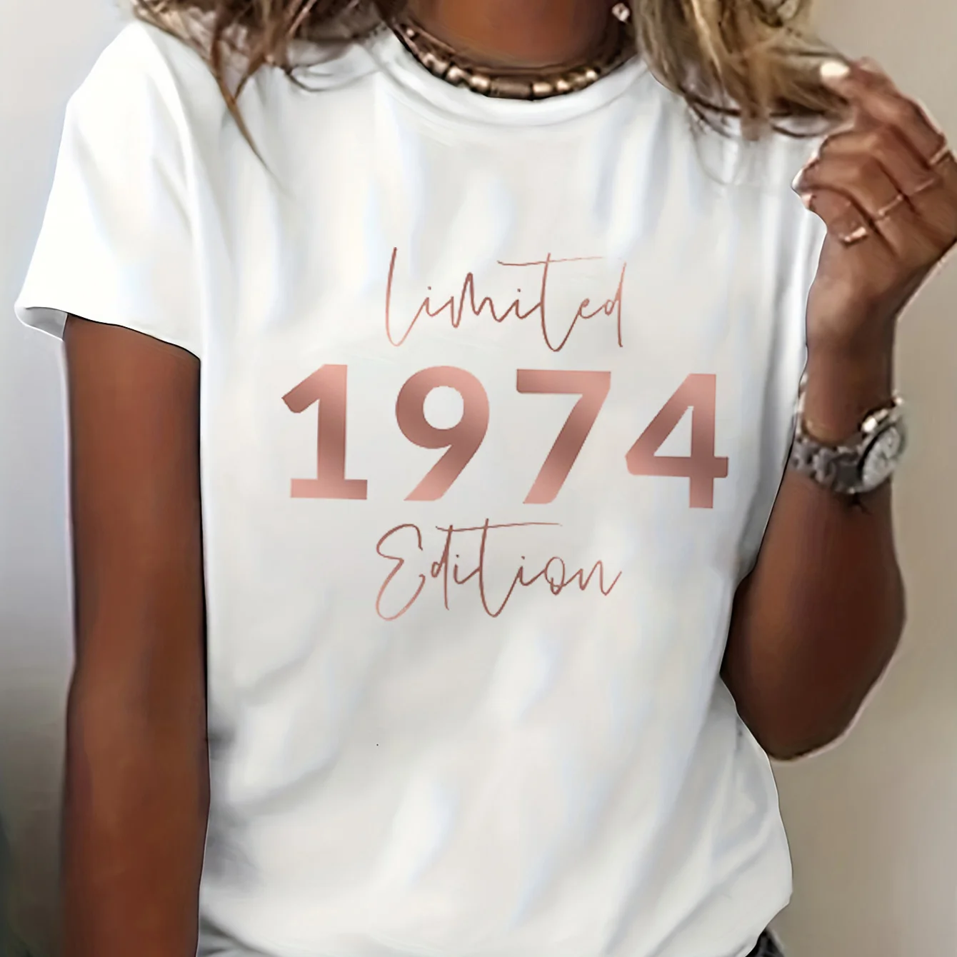 50th birthday 1974 letter print t-shirt, short sleeve crew neck casual top for summer & spring, women\'s clothing