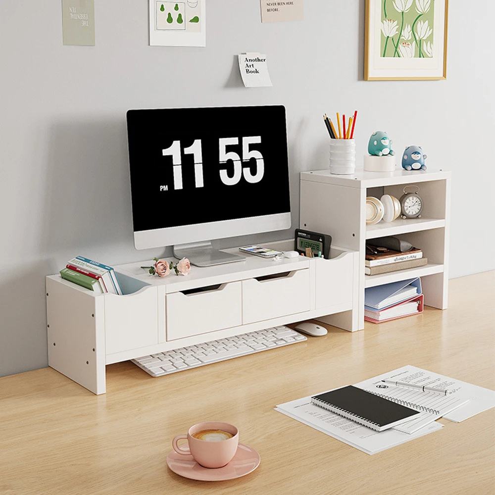 Ergonomic White Computer Monitor Stand with Storage