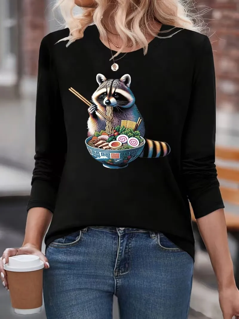 Kawaii Japanese Style Bear Eat Ramen 100% Cotton Long Sleeve T-Shirt Graphic Casual Round Neck Women'S Top Tee for Fall Winter