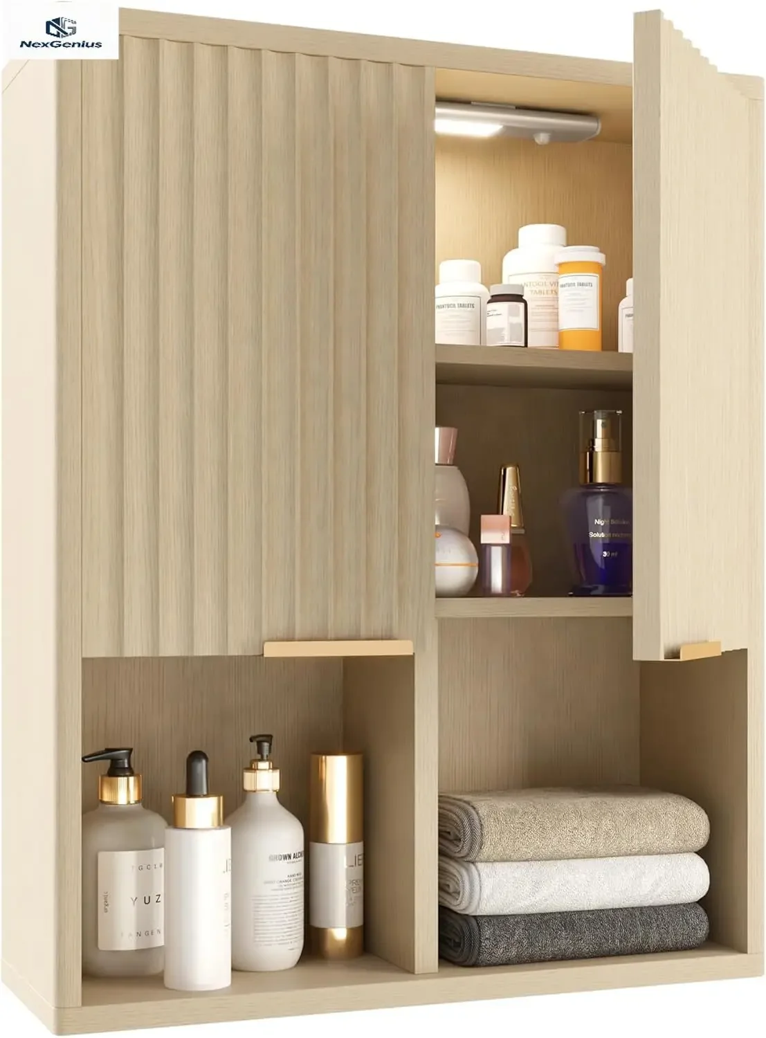 

Fluted Bathroom Wall Cabinet With Motion Sensor Light Curved Profile Wooden Medicine Cabinet Mounted Cupboard Wave Like Over Toi