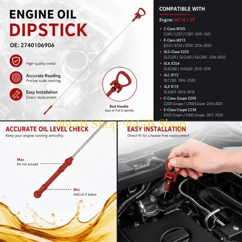 96GB 2740106906 Replacement Engine Oil Dipstick with Metal Rod and Loop-Style Handle, Designed for GLK200 GLK260 Routine