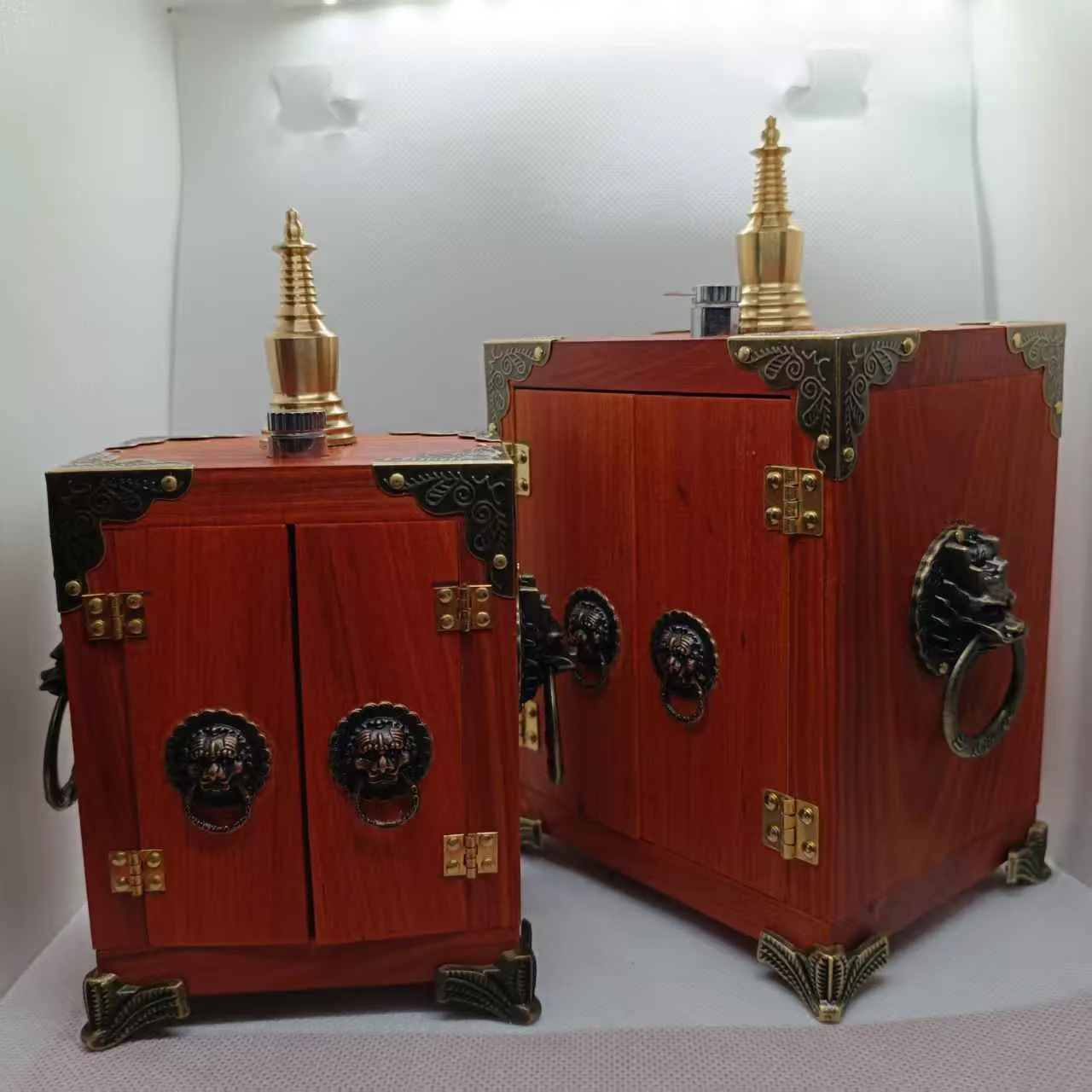 Tibetan Pagoda Supply Box Ebony Handmade Fine Workmanship with Lion's Handle Tower Top Decoration