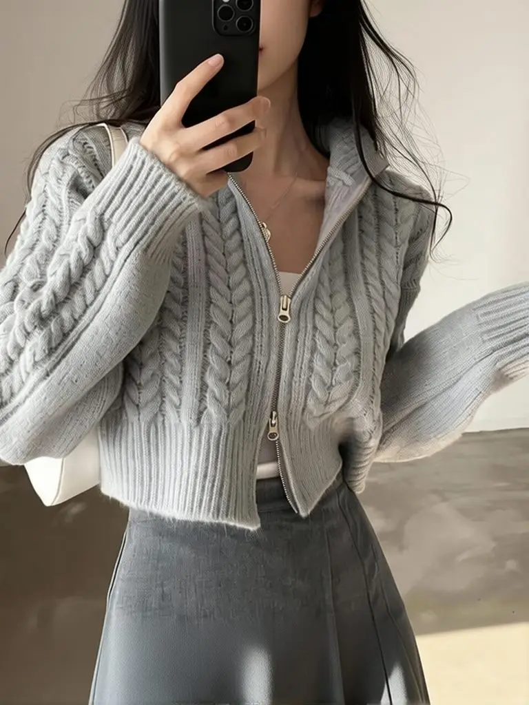 Knit Vintage Twist Zip Up Crop Jacket Women Turn Down Collar Cardigan Short Coat Long Sleeve Double Zipper Spring Fall Outwear