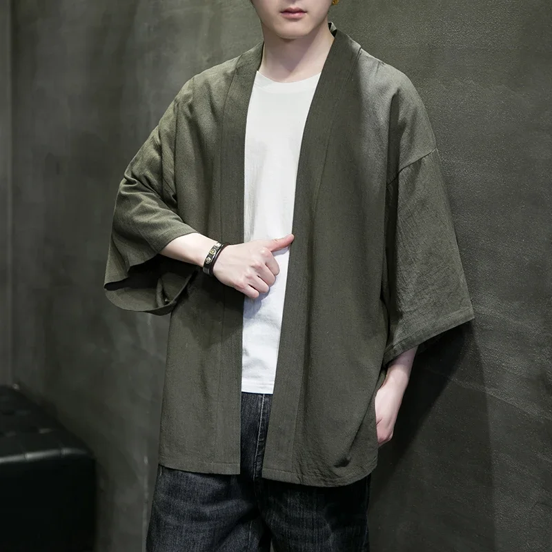 Men's Kimono Jackets Cardigan Lightweight Casual Cotton Blends Linen Seven Sleeves Open Front Coat Outwear